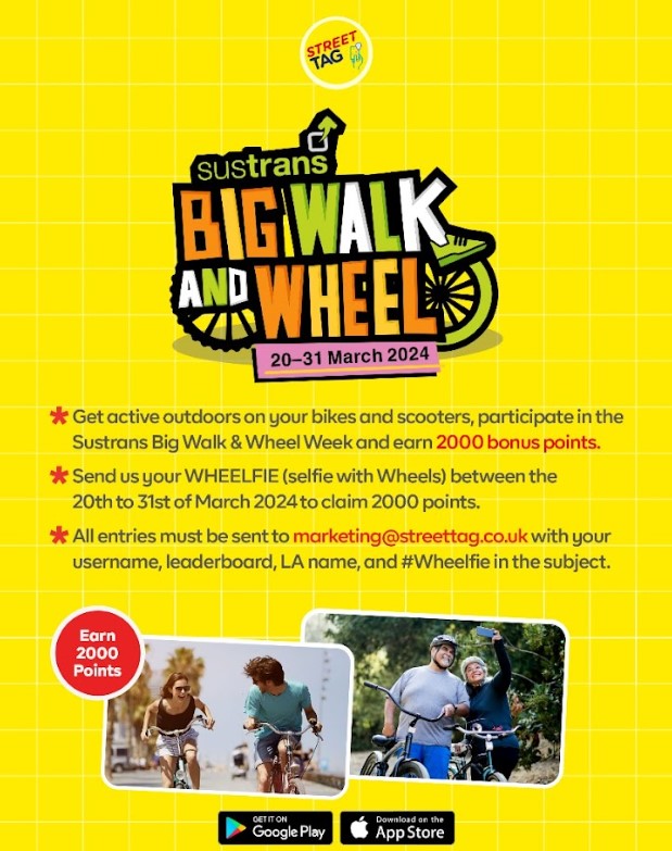 Street Tag Sustrans Big Walk and Wheel From Wednesday 20th March-Sunday 31st March, get outdoors and participate in the Sustrans Big Walk & Wheel week & earn 2000 Bonus points! #StreetTagWiltshire #GetActive #GetRewards #ThingsToDoInWiltshire #StreetTag orlo.uk/Street_Tag_X_N…