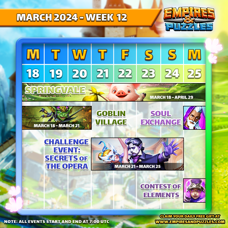 This week in Empires & Puzzles 📅: 🌸 March 18-Apr 29: Springvale 🔱 March 18-21: Goblin Village 🩰 March 21-25: Challenge Event: Secrets of the Opera 👉🏻 Play now: bit.ly/Empires-Puzzles