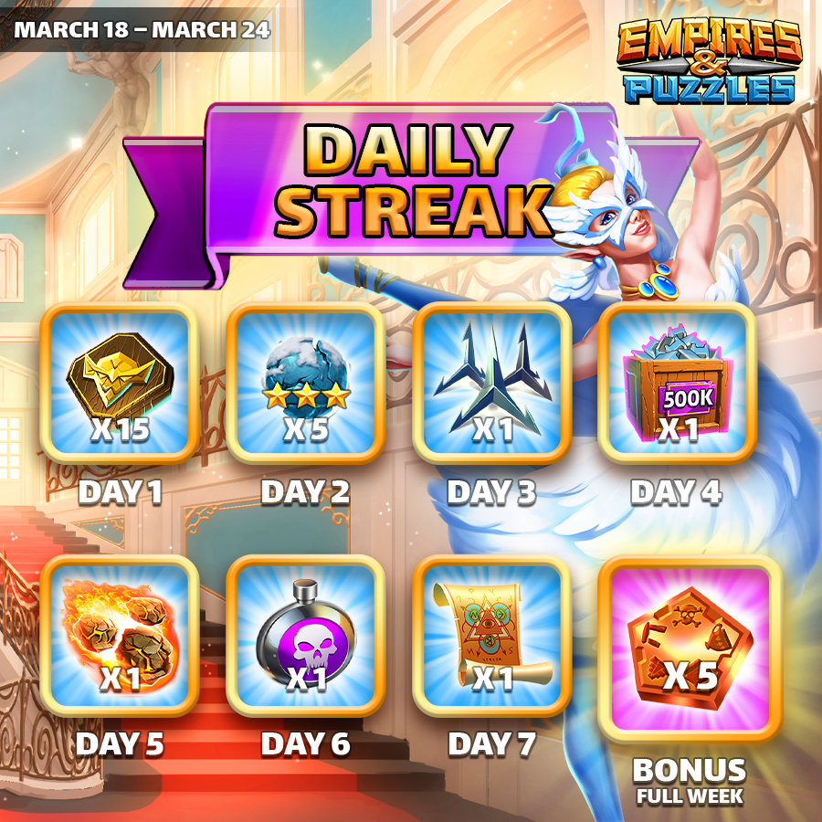 🥳 New week, new Streak 🎉 🎁 Go claim your free daily gift now at 👉 empiresandpuzzles.com