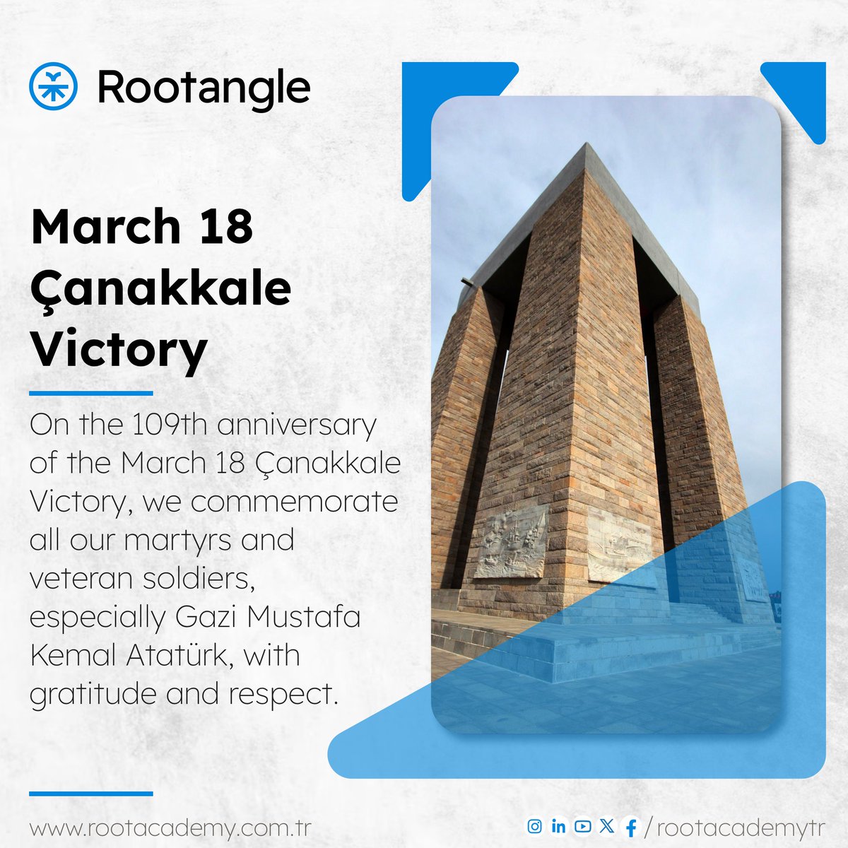 rootacademytr's tweet photo. On the 109th anniversary of the Çanakkale Victory, we commemorate all our martyrs and veteran soldiers, especially Gazi Mustafa Kemal Atatürk, with gratitude and respect.

#18martcanakkalezaferi #ÇanakkaleGeçilmez #18Mart https://t.co/olmRGarLyN