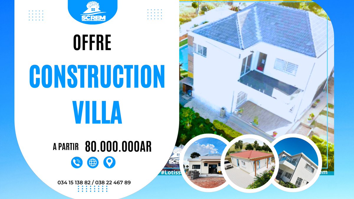 scremmada's tweet photo. 🛠️ Laissez nos experts réaliser votre rêve sur mesure. 

✨ Profitez de notre offre exceptionnelle de construction de villa à partir de 80 millions ariary. 

✨ Facilité de paiement sur 18mois 
☎️Contactez nous au 034 15 138 82  ou 038 22 467 89 https://t.co/oN1wxJGKP9