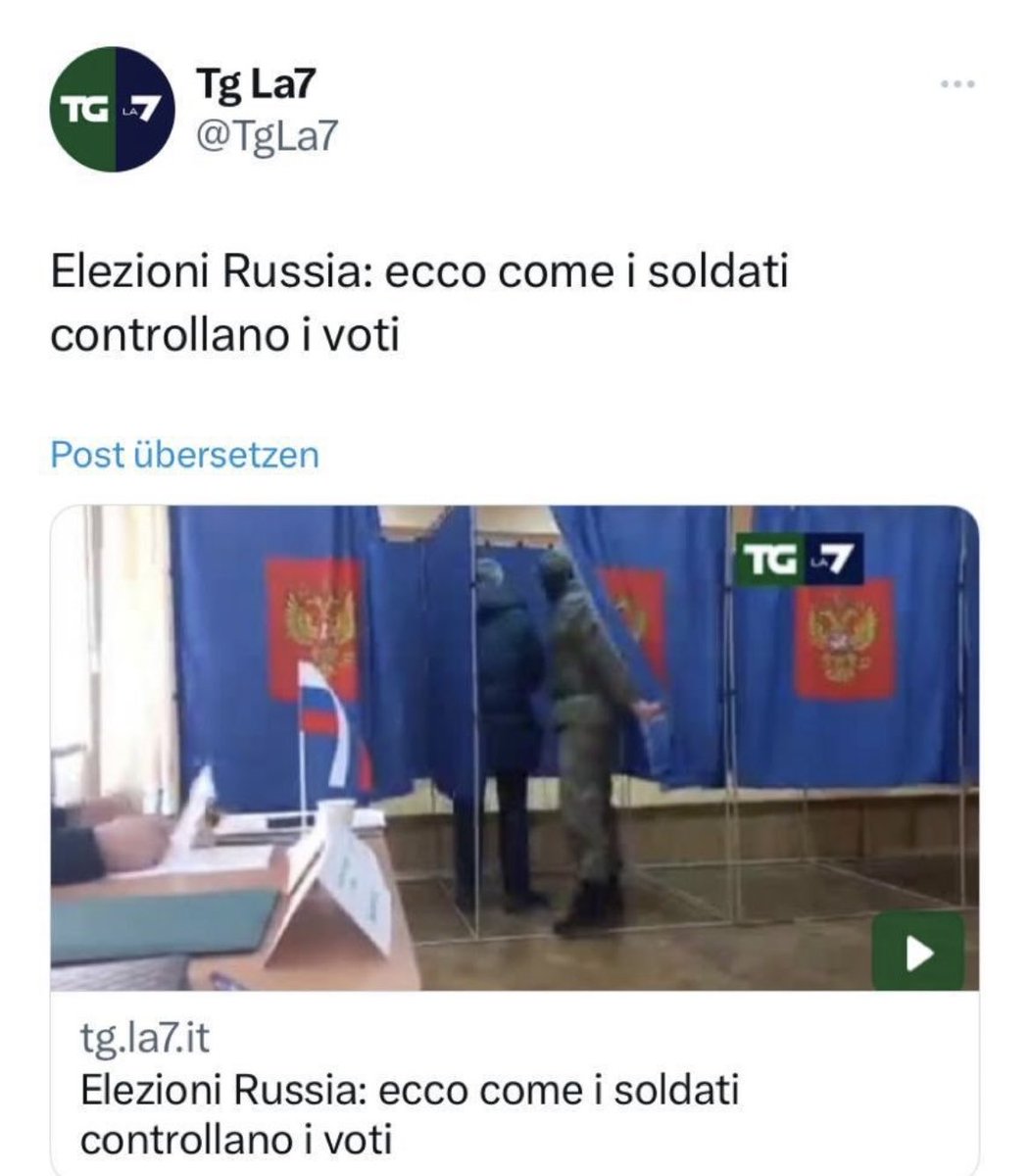 Grandissimo scoop del giornalismo libero e inclusivo di #La7: pubblicata foto FALSA da video FALSO (costruito in uno studio tv), per dimostrare che il voto in #Russia per #Putin era controllato. E l’#OrdinedeiGiornalisti muto😎