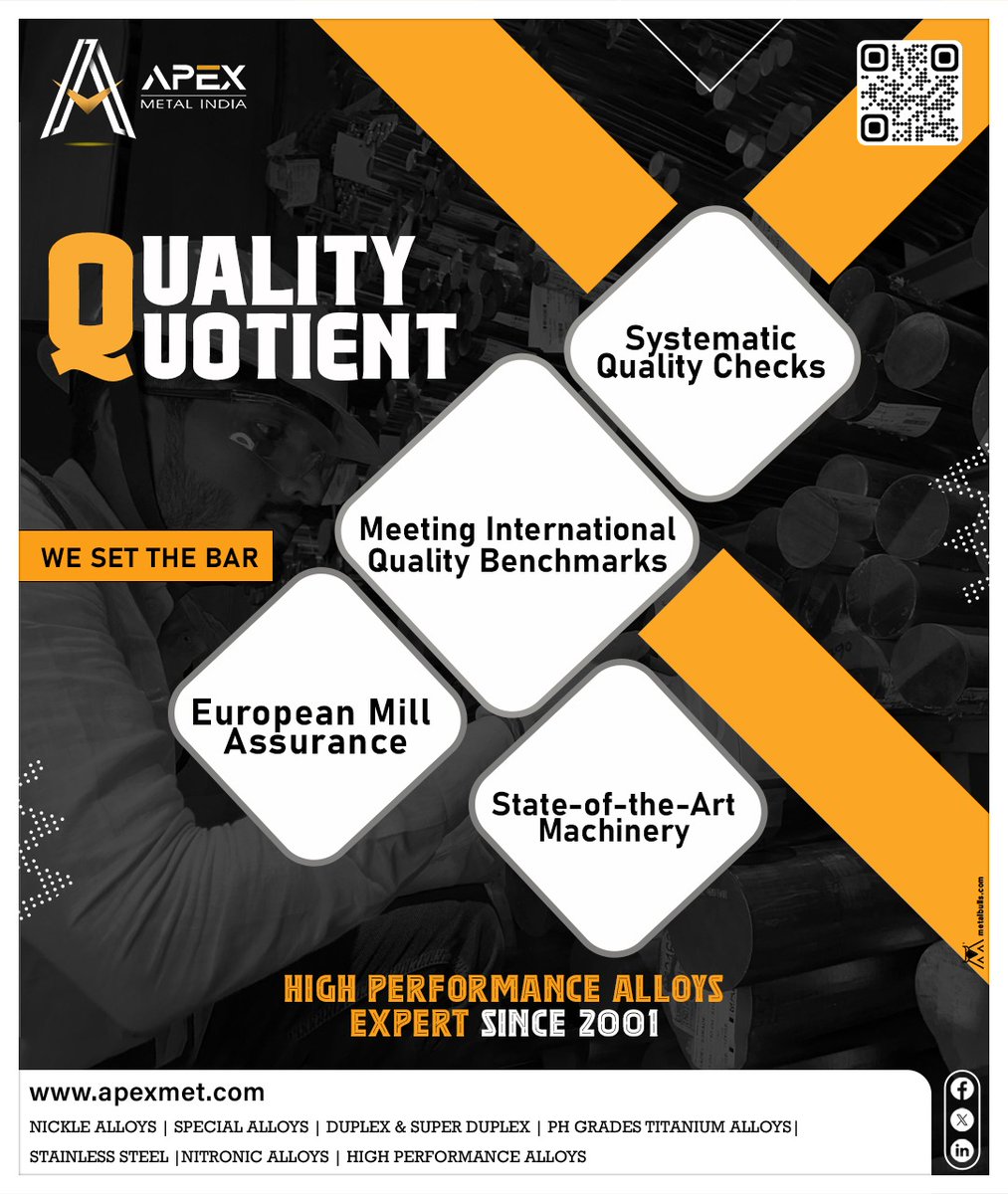 apexmetalindia's tweet image. Since 2001, Apex Metal India has been your trusted source for premium high-performance alloys, underpinned by our unwavering commitment to excellence.

Visit: apexmet.com
Contact: 9136007211

#ApexMetalIndia #Apex  #QualityOverEverything #steelindustry #metalindustry