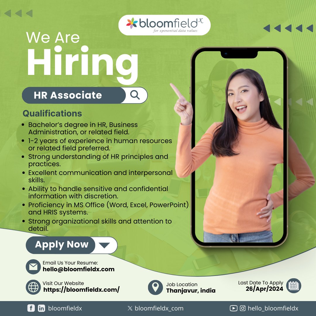 bloomfieldx_com's tweet photo. #hiring HR Associate

Location: Thanjavur, India
 
Ready to embark on an exciting journey with us? Please send your updated resume to hello@bloomfieldx.com.

Don't miss out on this incredible opportunity to shape your future with us! Apply now!
#bloomfieldx #hrassociate #JobAlert https://t.co/fzc2yHmqfP