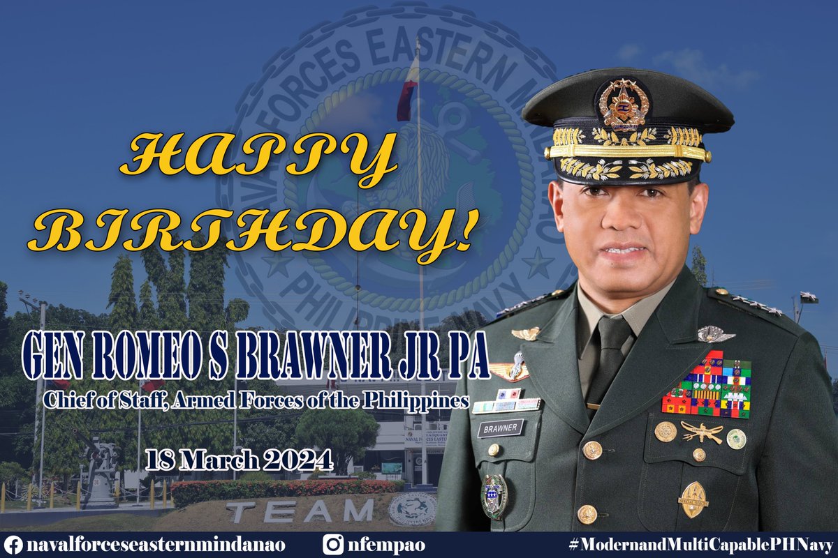 Happy Birthday Sir!

The Sailors, Marines, and Civilian Human Resource of the Naval Forces Eastern Mindanao wish you overflowing happiness as you celebrate your birthday today Sir. Hooyah!

#ProtectingtheSeasSecuringOurFuture
#ModernandMultiCapablePHNavy
#AFPyoucanTRUST