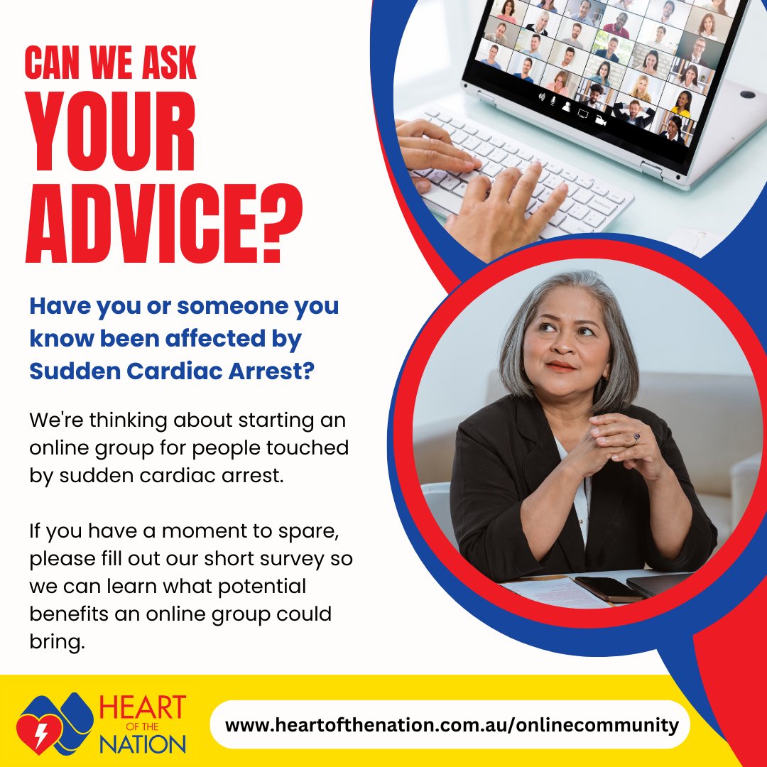 SEEKING YOUR ADVICE - On starting a supportive online group for those affected by sudden cardiac arrest. Your insights via a short survey will help shape this vital community. Join us in creating a space where no one feels alone. Go to  hubs.ly/Q02p2ny_0