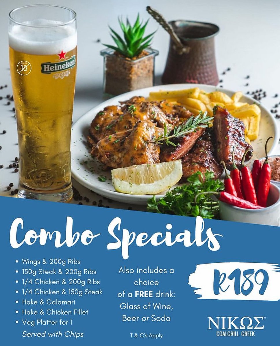 Feast your eyes on Nikos' EIGHT Combo Specials! They've got a dish for every appetite – and did we mention they come with FREE drinks? It's a feast that'll have you saying 'O-pa!' in no time!🍱😍 #suncoastdurban #nikosfeast #dailyspecials