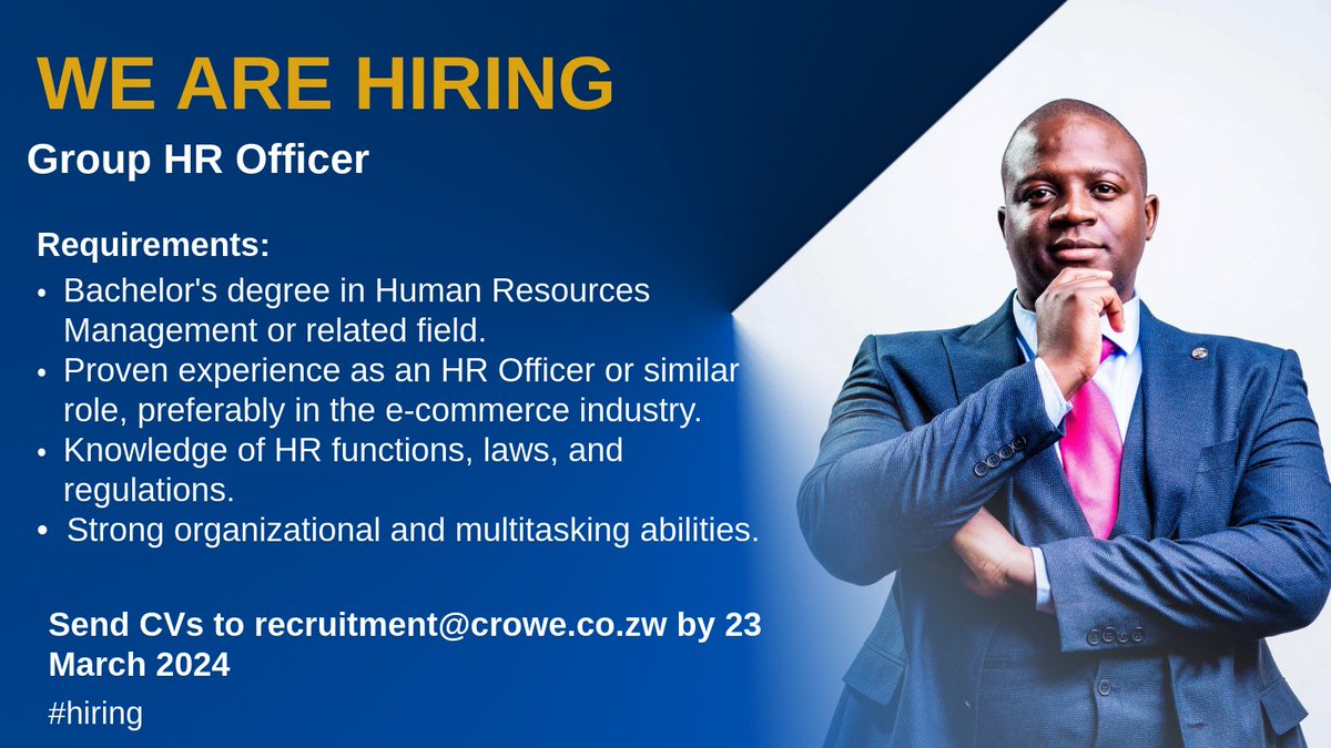 We are #recruiting a Group HR Officer for our client in the Financial industry. #CroweZw #WeAreCrowe #Smartdecisions #Lastingvalue #Audit #Tax #Advisory