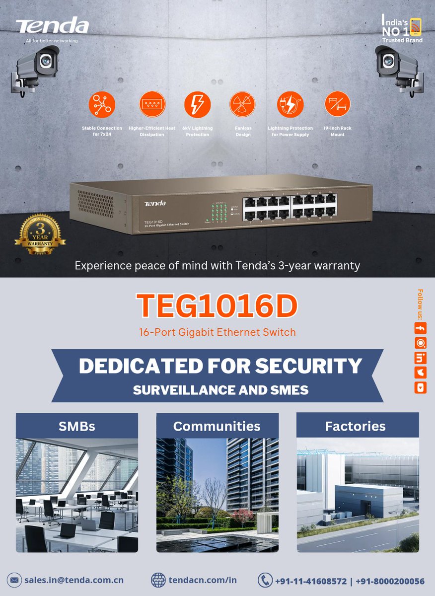 TendaIndia1's tweet image. Tenda &quot;All for better networking.&quot;

🚀 Introducing the Tenda TEG1016D, your go-to solution for smooth file transmission and video streaming! 

🎥 💼 💪 

#TendaTech #GigabitSwitch #NetworkSecurity #VideoSurveillance #TechInnovation