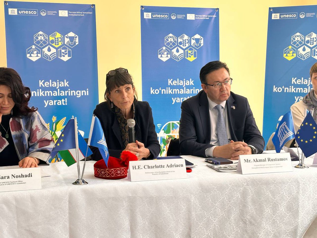 EU_Tashkent's tweet photo. Today our 🇪🇺 Ambassador @EUambUz together with UNESCO🇺🇳 representative @NoshadiSara are opening Karaozak Agro-Economic College renovated and equipped under the EU-funded UNESCO Project on Skills Development for Employability in Rural Areas of Uzbekistan https://t.co/yzv2KlfVoL https://t.co/F60g72yvoU