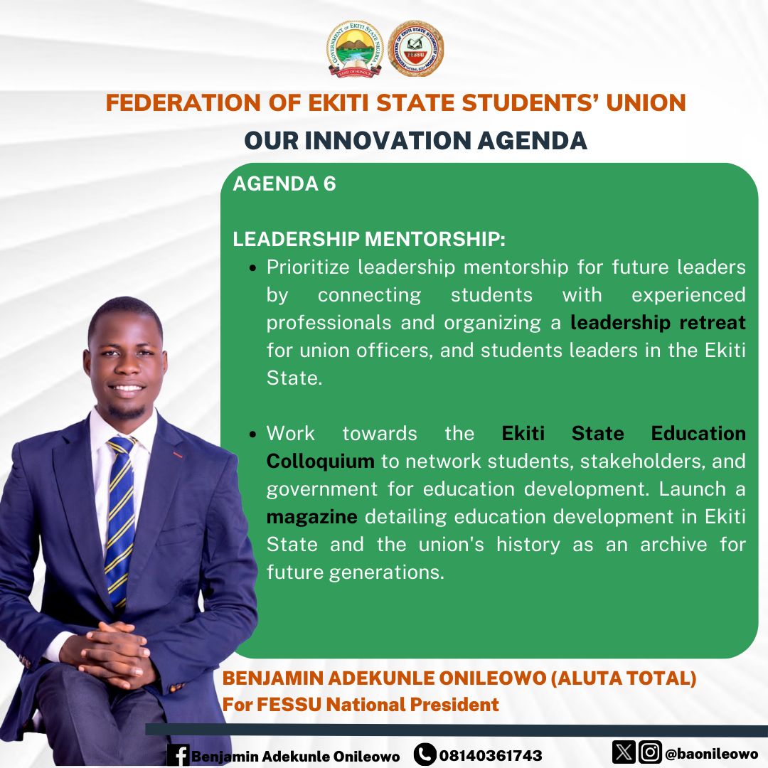 Sixth Agenda: As the torchbearers of our state's enlightened future, It's imperative that our scholars receive comprehensive leadership mentorship essential for the holistic development of our beloved Ekiti State.
#InnovateFESSUWithAlutaTotal #InnovateFESSU #InnovationAgenda