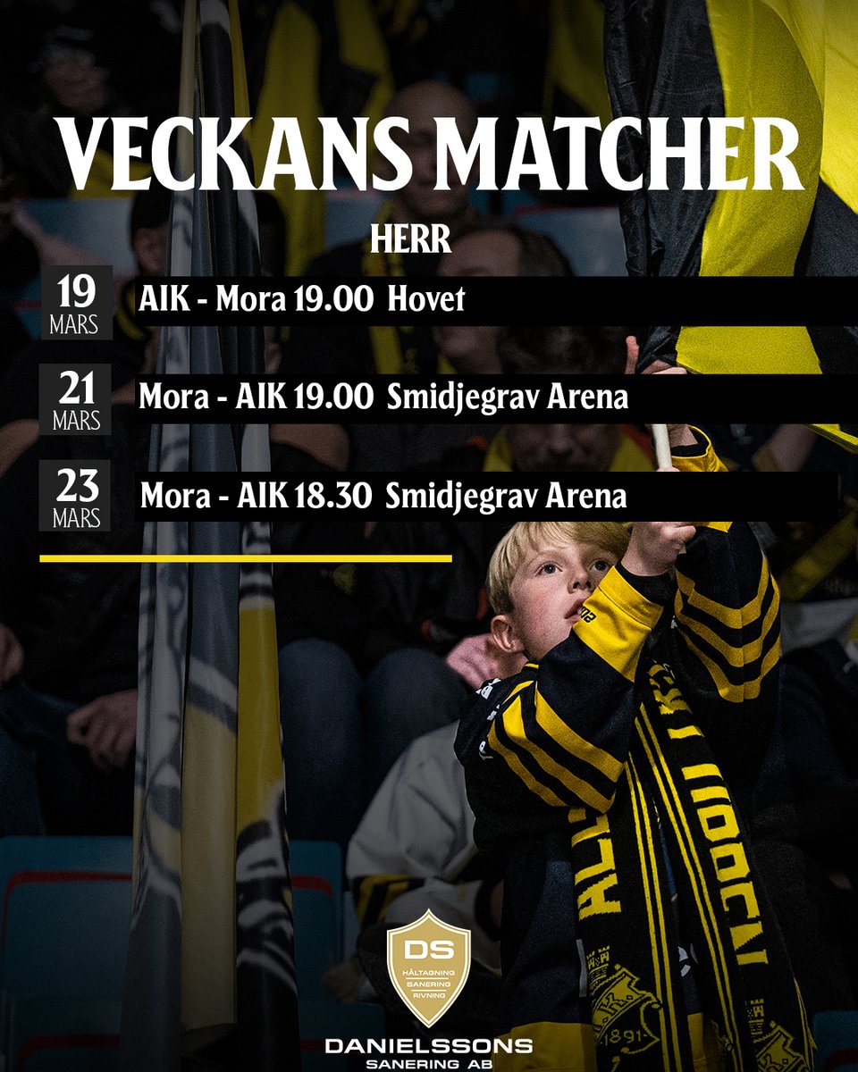 AIKishockey's tweet photo. Kvartsfinalveckan rullar vidare med start på Hovet imorgon, därefter beger sig vårt AIK till Dalarna för kvartsfinal 3 och 4 i Smidjegrav Arena.

🤝 Veckans matcher, i samarbete med Danielssons Sanering.

🎫 https://t.co/kbe6fystsx https://t.co/M1EYWQhStq