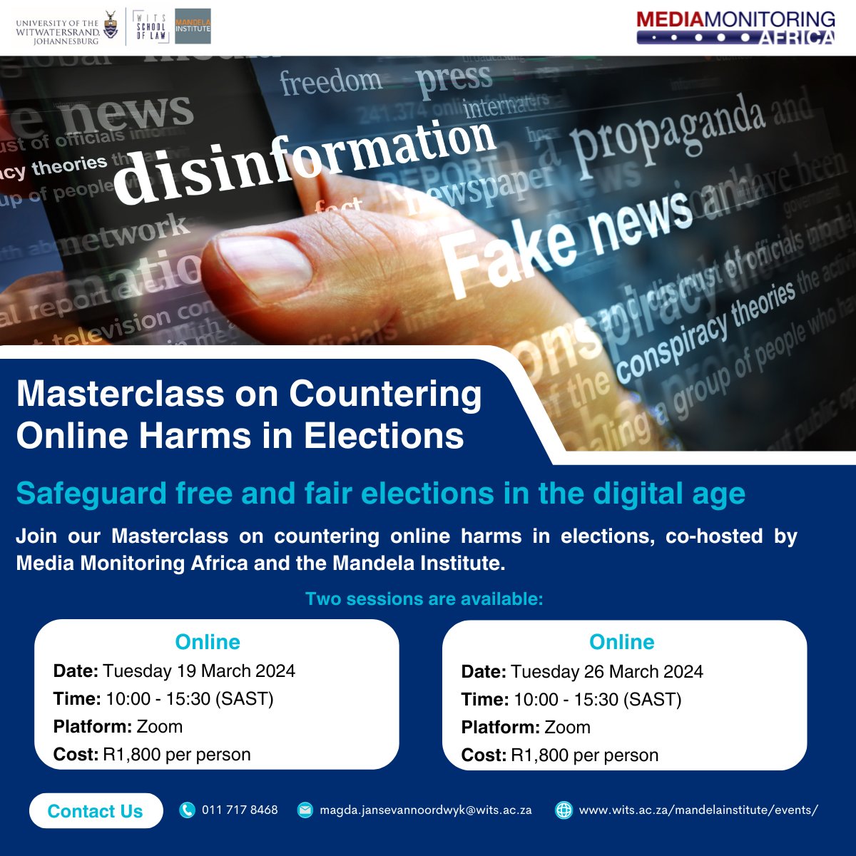 🛡️Safeguard free and fair elections in the digital age📱

Join our Masterclass on countering online harms in elections, co-hosted by @MediaMattersZA and the @MandelaInstWits .  Register here: forms.gle/y9gDRPu6nMszsn… Details here: wits.ac.za/mandelainstitu…

#onlineharms #elections