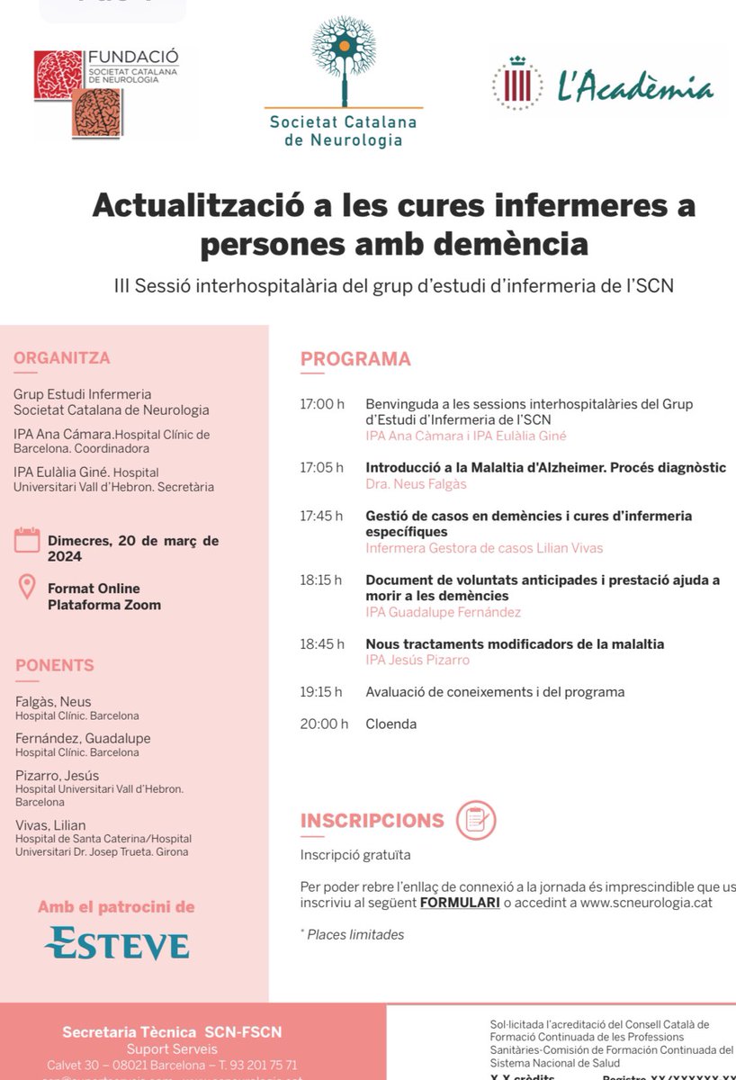 Aquest dimecres el Grup d’Infermeria de la @SCatalanaNeuro @acamaralorenzo organitza aquesta actualització online sobre cures en la demència 📚 🧠 No us ho perdeu! 😉 Des de la @Alz_ClinicBCN @hospitalclinic estem encantades @guadixvi de participar-hi!