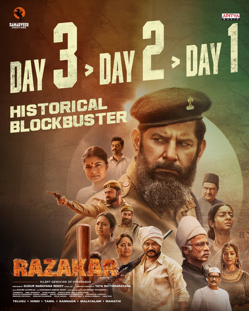The riveting saga #RazakarMovie continues to captivate audience hearts ❤️‍🔥 Day 3 >> Day 2 > Day 1 💥 #BlockbusterRazakar running successfully in theatres near you 🎟️ bit.ly/RazakarBMSTick…