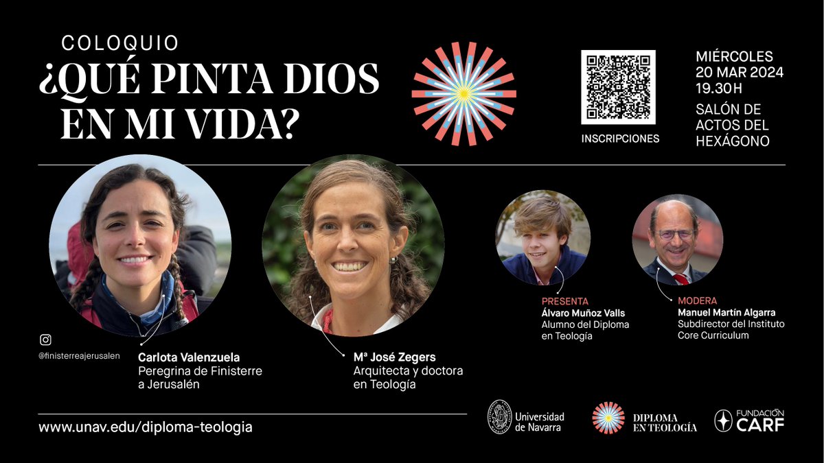 COLOQUIO ¿Qué pinta Dios en mi vida? ➡️Con Carlota Valenzuela y Mª José Zegers ¿Qué lleva a una universitaria a recorrer miles de kilómetros hasta Jerusalén? ¿Y a una arquitecta a estudiar Teología? 🗓️20 marzo | 19.30h | Ed. Hexágono @unav Inscríbete👇 docs.google.com/forms/d/e/1FAI…