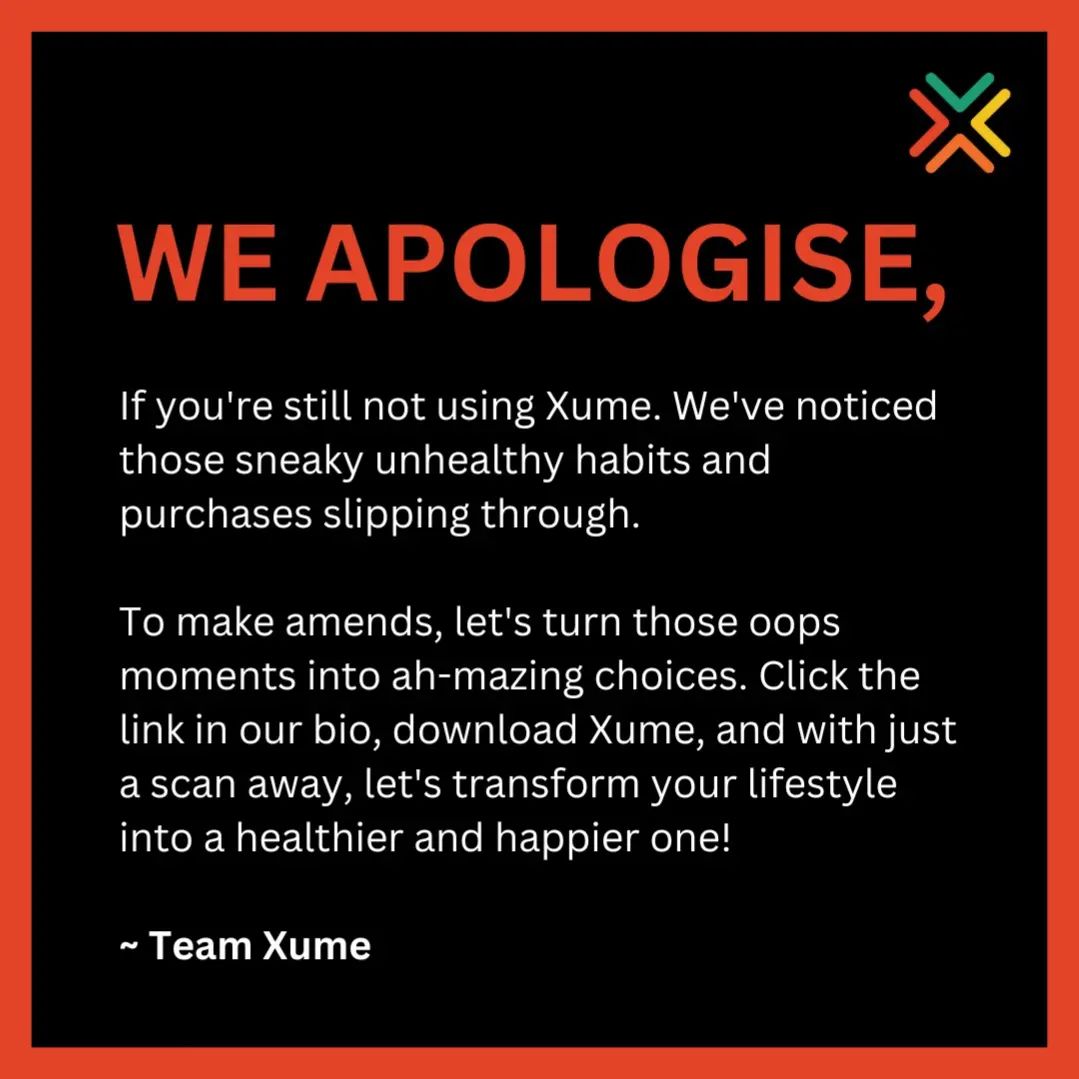 Xumeverse's tweet photo. Sorry, not sorry! If you haven't joined Xume yet, it's time to level up your choices. 💁‍♀️⁣
⁣
Say farewell to sneaky unhealthy habits and hello to a healthier, happier you! 📲⁣

#xumeverse #xumescore #xumebeforeyouconsume #xumeapp #xumekaro #apologies https://t.co/Pv02l6IDod