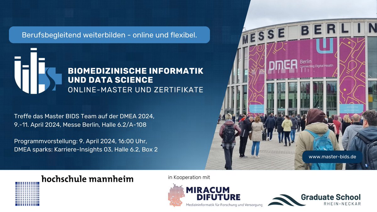Interessenten der #berufsbegleitenden Aus- und #Weiterbildung in #Medizininformatik und Bio- #MedicalDataScience können das #MasterBIDS Team zw. dem 9.-11. April persönlich auf der @_DMEA in der Messe Berlin treffen. Wir freuen uns auf Euch! @MIRACUM_de @DIFUTUREde @MII_Germany