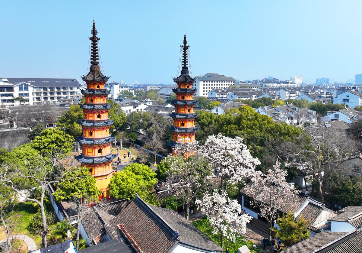 ThisisSuzhou's tweet photo. The captivating view of blooming magnolia flowers against the backdrop of the Shuangta, or Twin Towers, dating back over 1160 years, has drawn residents and visitors alike for photography. #BeautifulSuzhou #SpringinSuzhou [Photo/VCG] https://t.co/vs8jIXRhAt
