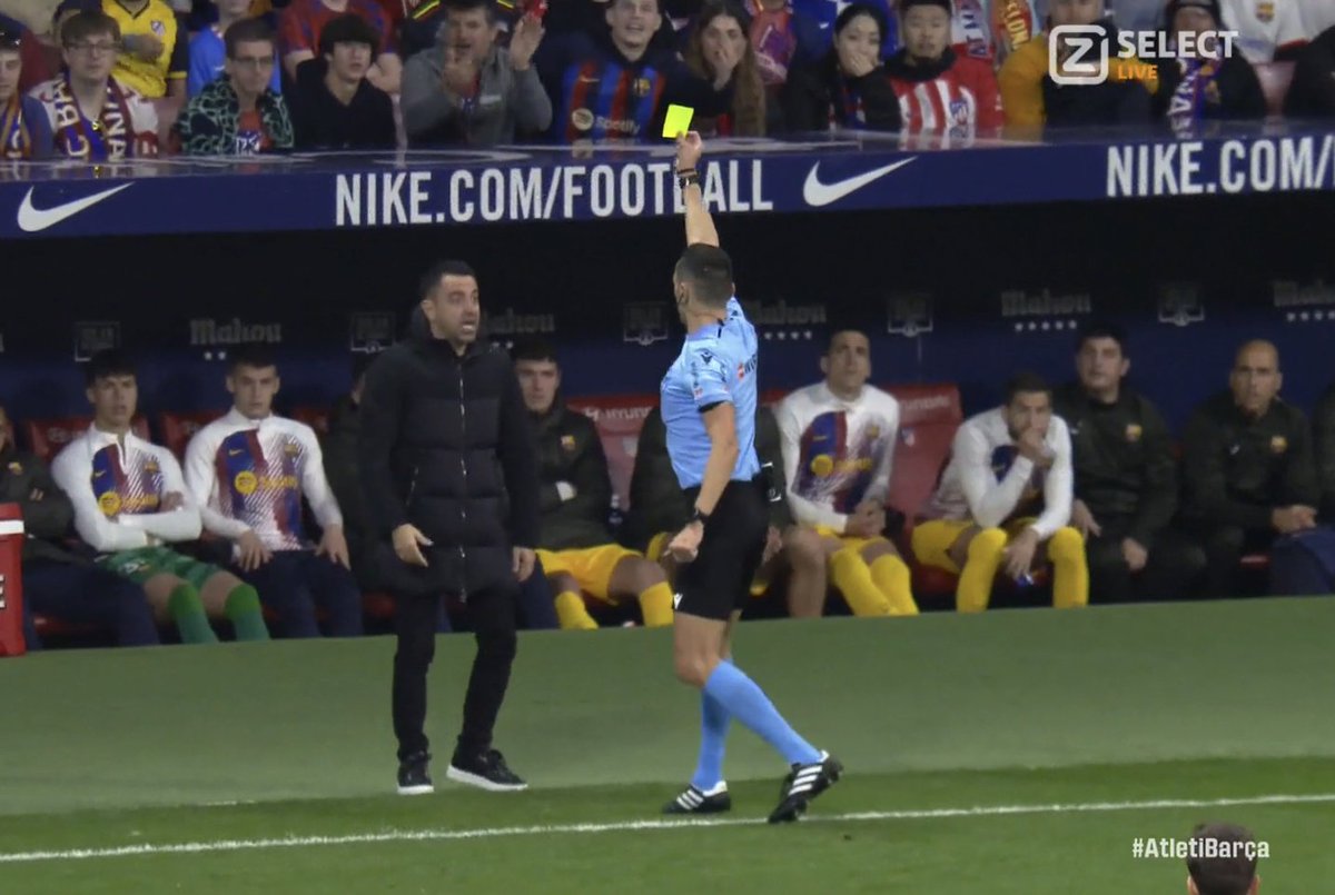 How on earth does Simeone get away with storming onto the field to complain, yet Xavi, who merely voices his grievances, gets sent off? 
#AtletiBarça
