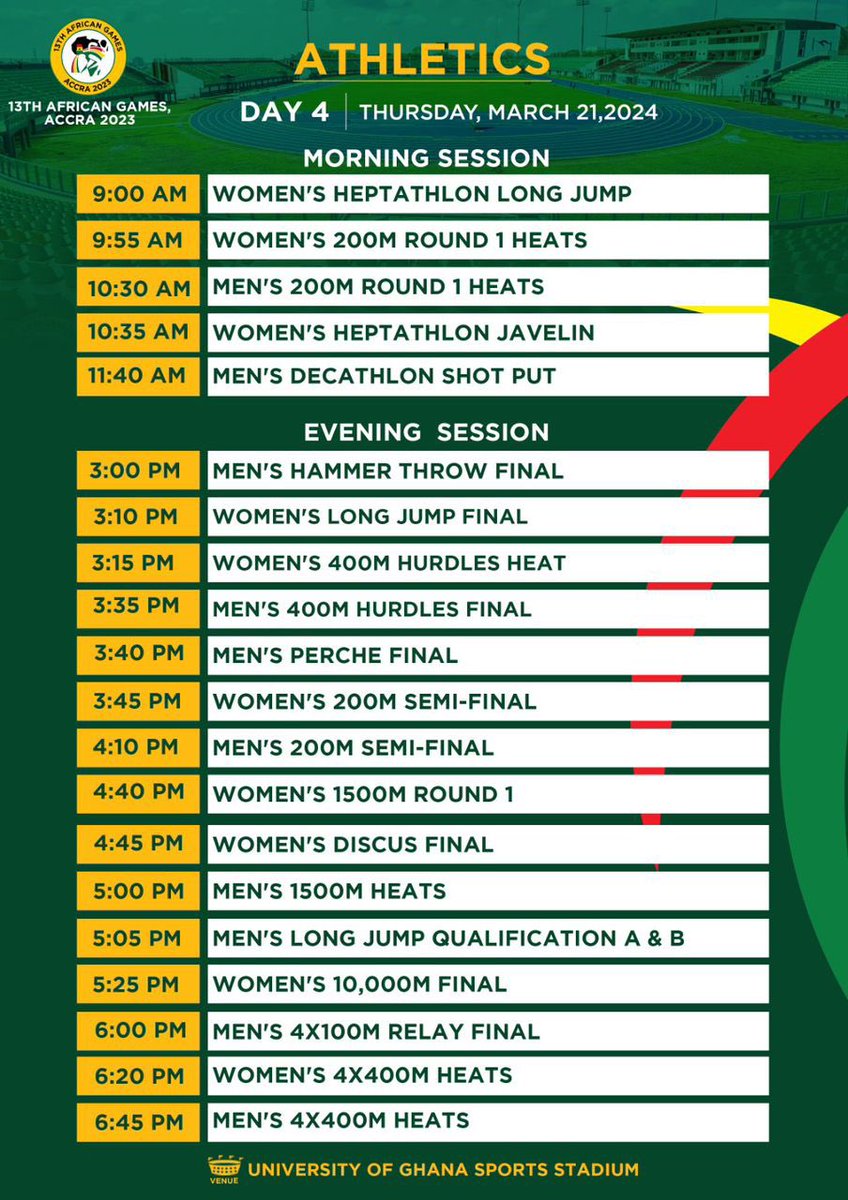 KwamiAwudi's tweet photo. Schedule for Athletics from Monday, 18th March to Friday, 22nd March.
#AfricanGames
#Accra2023
#FreeGate https://t.co/yO2WxsaMbF
