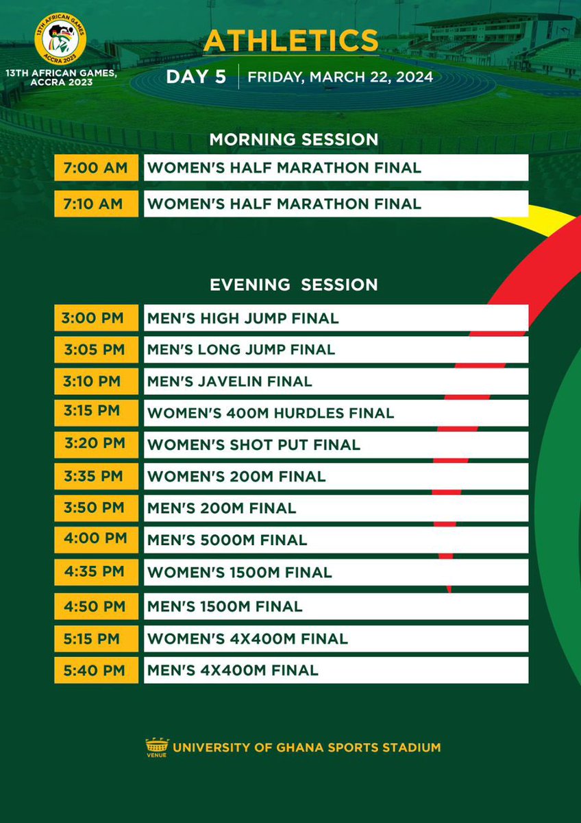 KwamiAwudi's tweet photo. Schedule for Athletics from Monday, 18th March to Friday, 22nd March.
#AfricanGames
#Accra2023
#FreeGate https://t.co/yO2WxsaMbF