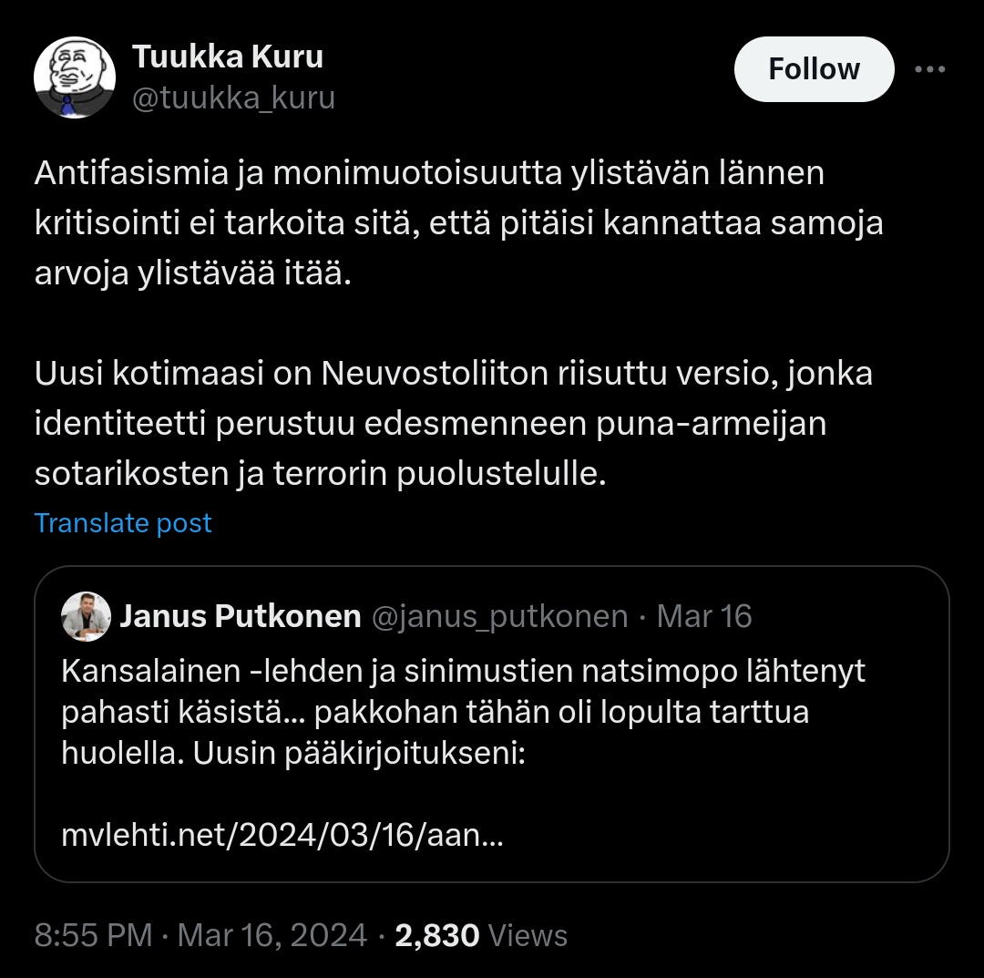kasvismafioso's tweet photo. #Äärioikeisto'ssa joku sentään myöntää, että heillä on samat arvot kuin #Putin'illa.
#TuukkaKuru #SinimustaLiike #sml #fasismi #natsismi #venäjä #JanusPutkonen #mvlehti https://t.co/Bzg1A33egY
