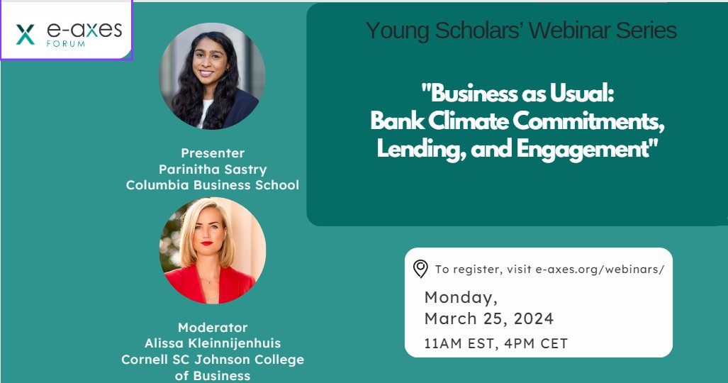 eaxesforum's tweet image. New Webinar: "Business as Usual: Bank Climate Commitments, Lending, and Engagement." How do voluntary #ClimateCommitments impact #BankLending? Are banks truly divesting from high-polluting industries? #ESG 
🗓 Mar 25, 24
⏰ 11AM EST, 4PM CET
Sign Up: bit.ly/3VnckO5