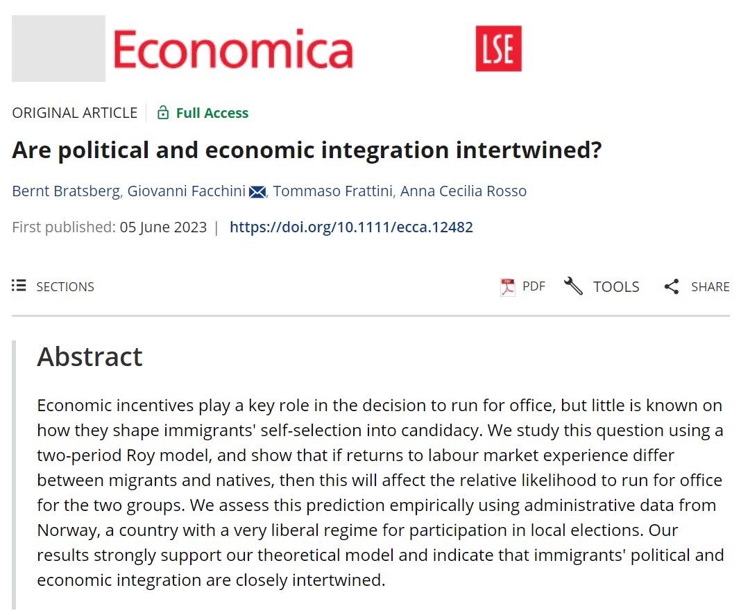 #FactOfTheDay Did you know that economic incentives can play a key role in migrants' political integration?

As migrants integrate economically, their returns to experience become closer to those of comparable natives, resulting in a similar opportunity cost of entering politics.