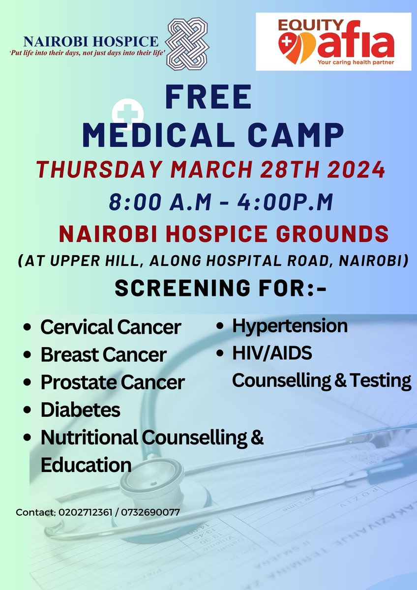 Join us on Thursday March 28th 2024, for a special Easter medical camp in collaboration with @EquityAfia Our commitment to community care knows no bounds, and this Easter, we're bringing essential medical services to you. #EasterMedicalCamp #CommunityCare #Palliativecare