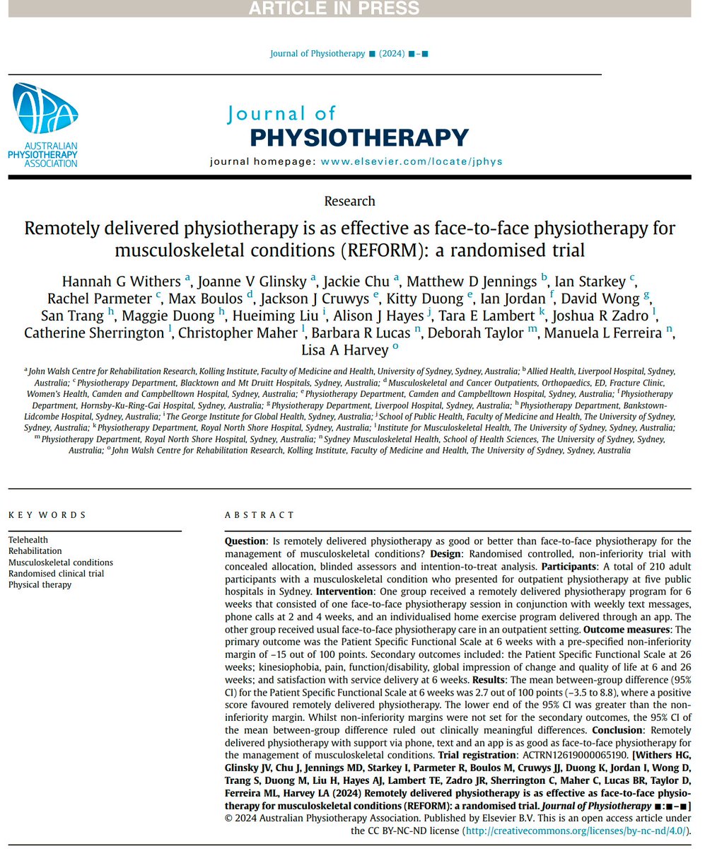Remotely  delivered physiotherapy is as effective as face-to-face physiotherapy  for musculoskeletal conditions (REFORM): a randomised trial

👇👇👇

pubmed.ncbi.nlm.nih.gov/38494405/
