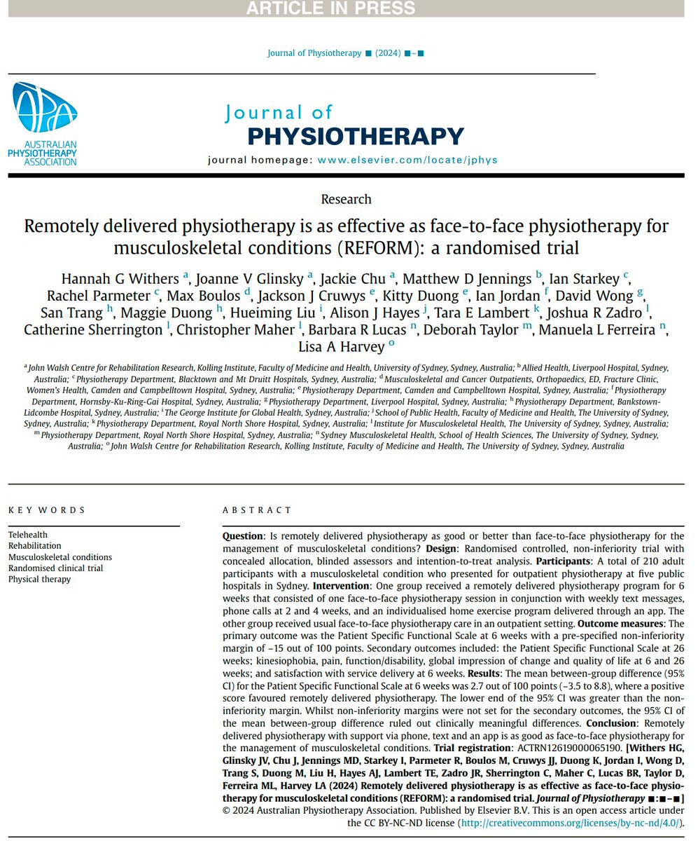 Remotely delivered physiotherapy is as effective as face-to-face physiotherapy for musculoskeletal conditions (REFORM): a randomised trial 👇👇👇 pubmed.ncbi.nlm.nih.gov/38494405/