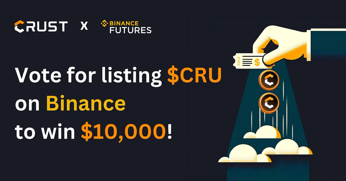 CrustNetwork's tweet photo. Join us in bringing $CRU to #Binance ! 
Vote for CRU on Binance and stand a chance to win rewards worth $10,000! 
Here's how: 
🏆CRU in Top 12: $1000 in CRU 
🏆CRU in Top 5: $2000 in CRU 
 🥇CRU gets First Place: $7000 in CRU
After listing, expect even bigger rewards!
To participate: 
1) Vote your USDT for CRU on Binance & screenshot your vote
2) Submit screenshots on Crust Zealy task
3) Wait for CRU rankings to soar and rewards to roll in!
Let's make it happen! 
Vote now⬇️