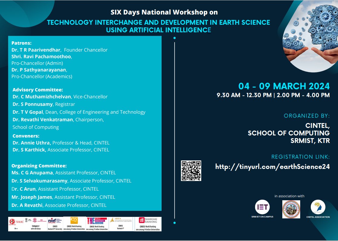 sakthigis's tweet photo. 🌐 Had a fantastic time sharing insights at the SIX-day national workshop on "Technology Interchange and Development in Earth Sciences using Artificial Intelligence", organized by CINTEL, School of Computing, SRM IST, KTR! 🚀
SRM University SRMIST, Chennai ,Tamil Nadu , India https://t.co/uiZpRQq21T
