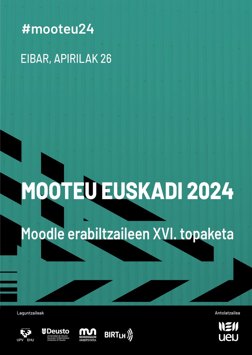 ueu_orokorra's tweet photo. JARDUNALDIAK| #mooteu24 

Mooteu Euskadi 2024
Moodle Erabiltzaileen XVI. Topaketa

UEUk antolatuko du aurtengoa

🗓️ Apirilaren 26an, ostirala 
📍 Eibar 
⏰ 9:00-16:30

ℹ️ Info + https://t.co/nIWtAr5lwl https://t.co/aG2Rh3rINI