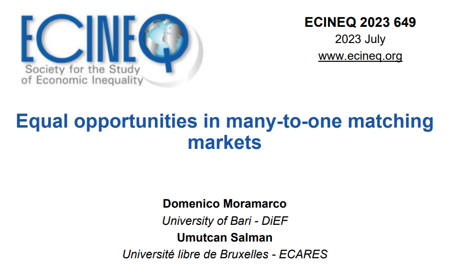 ECINEQ WP-649. D.Moramarco U.Salman introduce notion of #fairness, inspired by equality of #opportunity literature, into many-to-one #matching markets endowed with a measure of the quality of a match between two entities in the market. Read more here: ecineq.org/2023/07/13/equ…