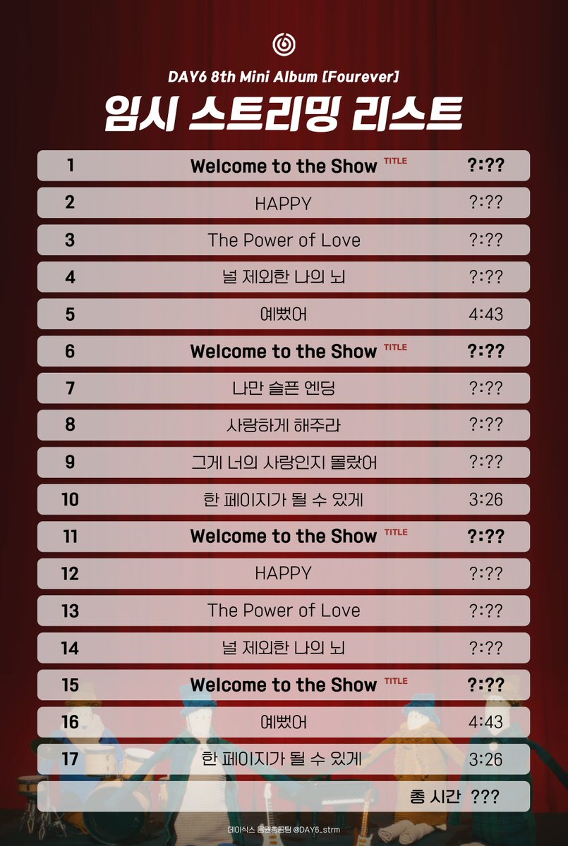 DAY6_STREAM's tweet photo. 🎧 DAY6 'Welcome to the Show' 임시 스트리밍 리스트

✔️ '예뻤어'는 [Every DAY6 February] 앨범으로 담아주세요!
✔️ 멜론 / 지니 / 플로 → 음소거 스트리밍 금지🚫

최종 스트리밍 리스트는 앨범 발매 이후 최대한 빠르게 업로드하겠습니다. https://t.co/8BMB9yKYyj