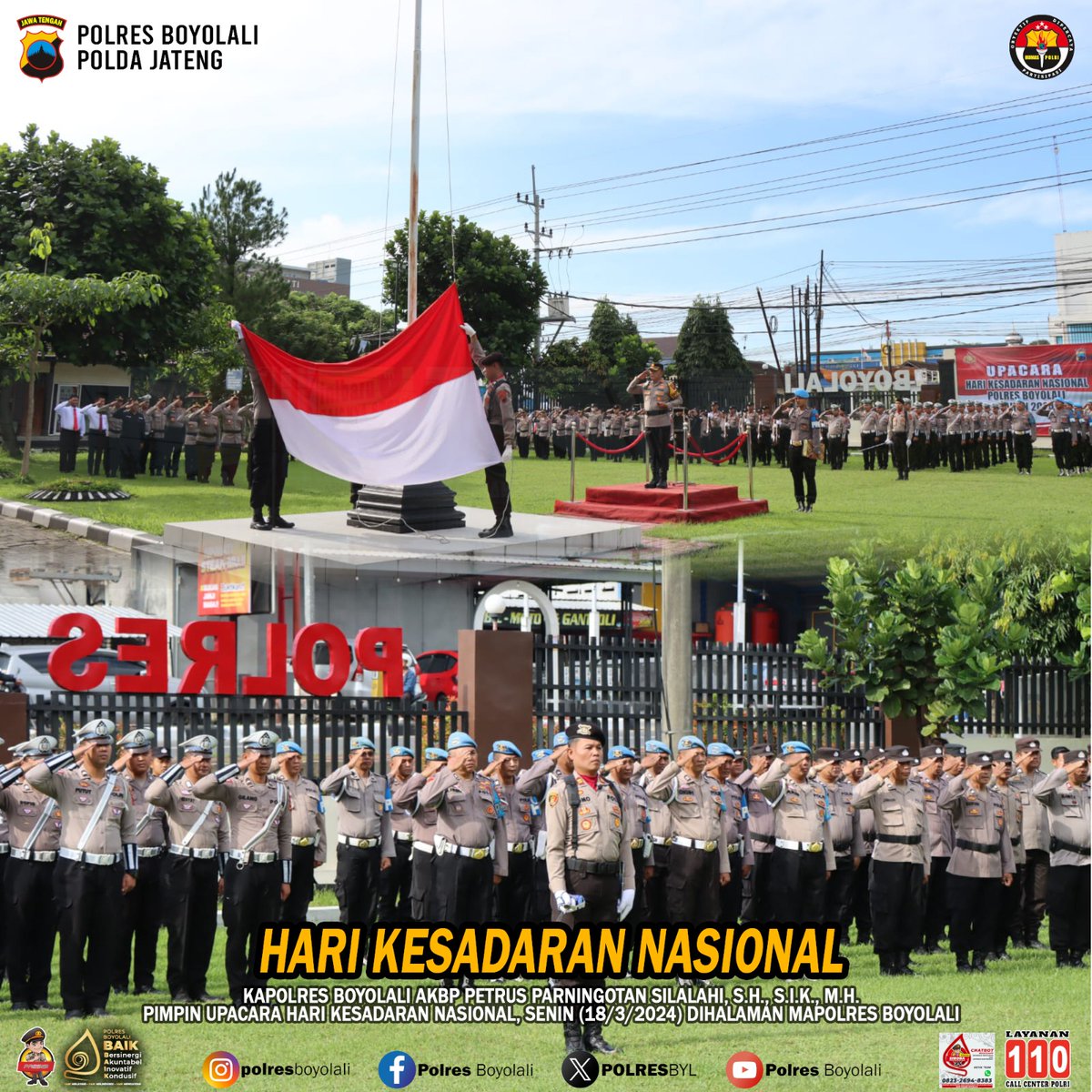 POLRESBYL's tweet image. Kapolres Boyolali AKBP Petrus Parningotan Silalahi, S.H., S.I.K., M.H. Pimpin Upacara Hari Kesadaran Nasional di Halaman Mapolres Boyolali, Senin (18/3/2024)
#kapolresboyolali 
#upacara 
#harikesadarannasional 
#polresboyolalibaik 
#polripresisi