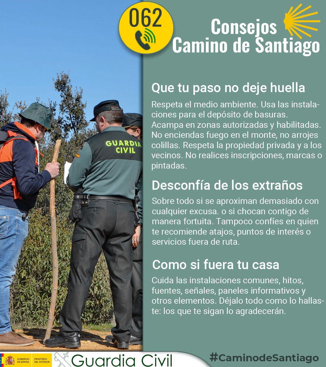 guardiacivil's tweet photo. Antes de emprender tu Camino de Santiago, ten en cuenta estos consejos de seguridad. Mantén siempre contigo tus documentos importantes y asegúrate de llevar un botiquín básico. No olvides informar a alguien sobre tu ruta y sigue las señales para evitar desviaciones.  #ConsejosGC https://t.co/hsBHZiHN9h