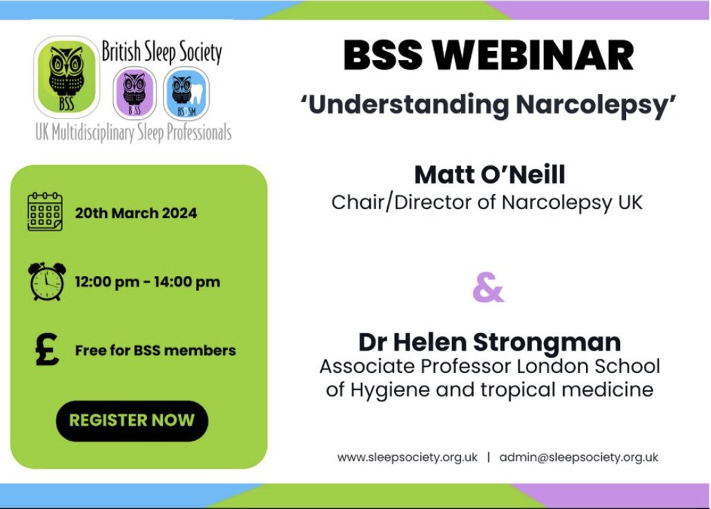 Our fifth webinar featuring Dr Helen Strongman and Matt O'Neill discussing the importance of understanding narcolepsy and barriers in Narcolepsy Diagnosis. Register now! You don't want to miss out. execbs.eventsair.com/bss-webinar-se… #narcolepsy #sleepmedicine #sleep #sleepscience