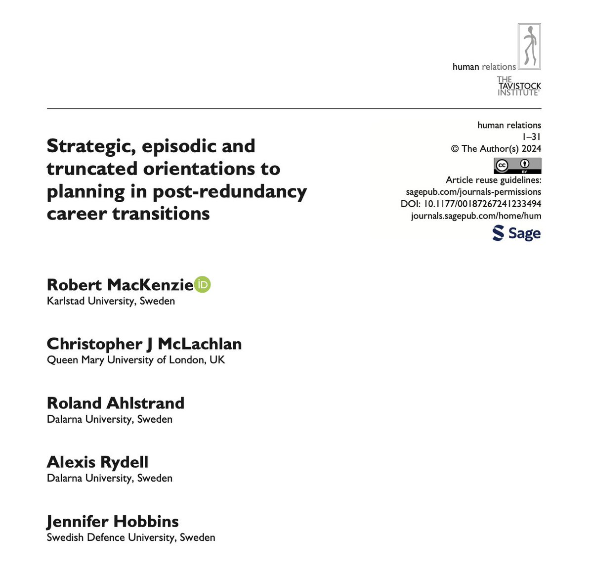 New study @HR_TIHR! 'Strategic, #episodic and #truncated orientations to planning in #post #redundancy career transitions' Important research examining different orientations to planning in the context of the post-redundancy transition of workers. doi.org/10.1177/001872…