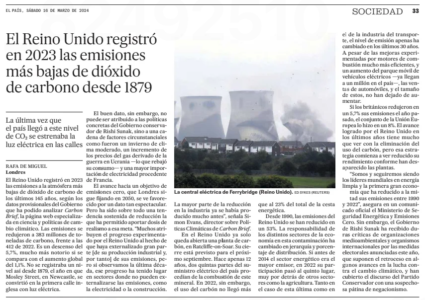 Great to see @CarbonBrief's analysis revealing that UK annual emissions now at levels last seen in 1879 reported by the print edition of Spain's El Pais elpais.com/clima-y-medio-…
