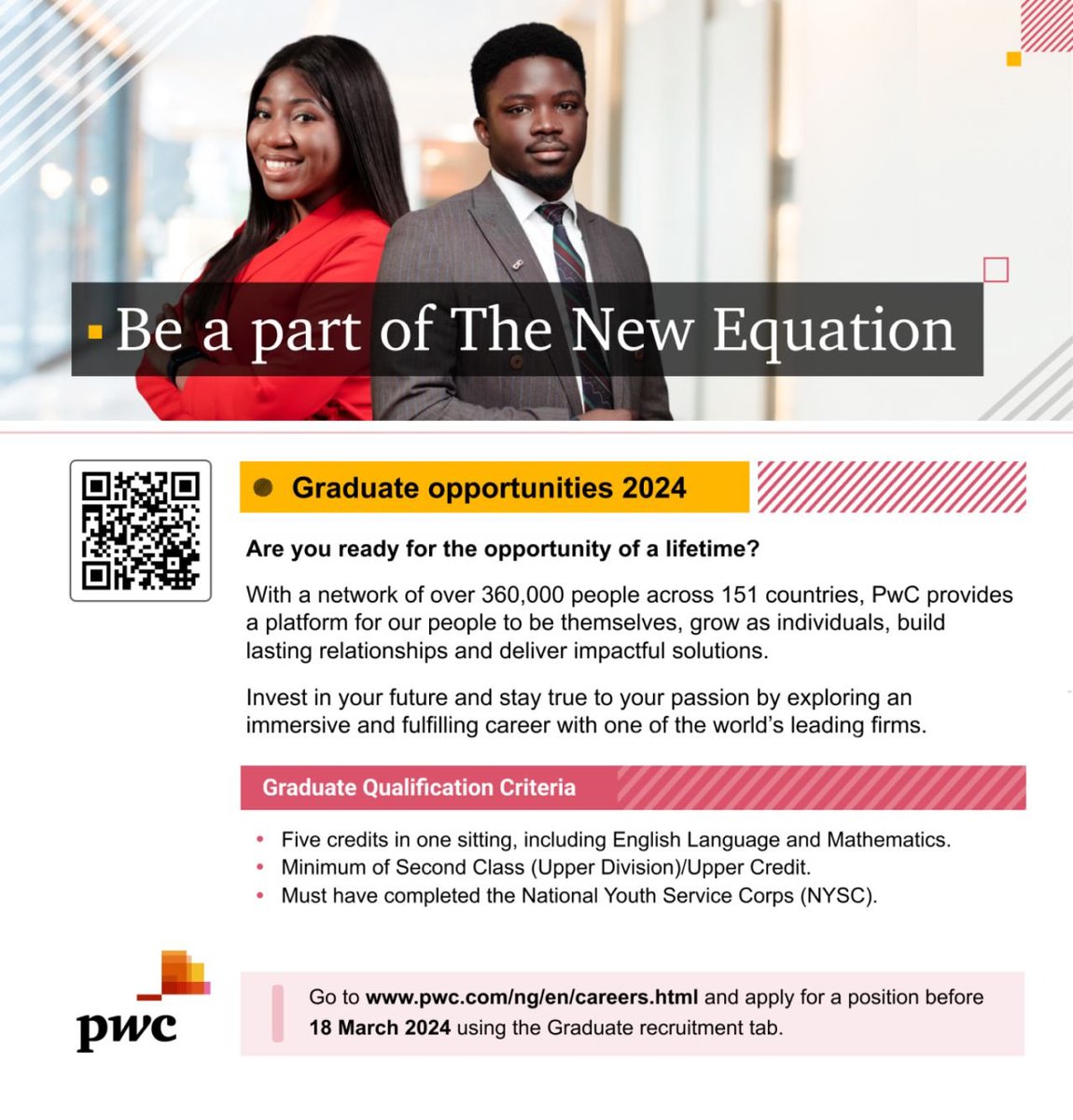 AramideOyekunle's tweet photo. PwC Nigeria Graduate Careers Program 2024

(Deadline: Today)

Location: Lagos Nigeria
Job type: Internship/Graduate Trainee
Contract type: Permanent 

Requirements:
- Must have completed NYSC
- No age restriction
- Minimum of second class upper division/upper credit

Apply: https://t.co/4OxFbDB5hE