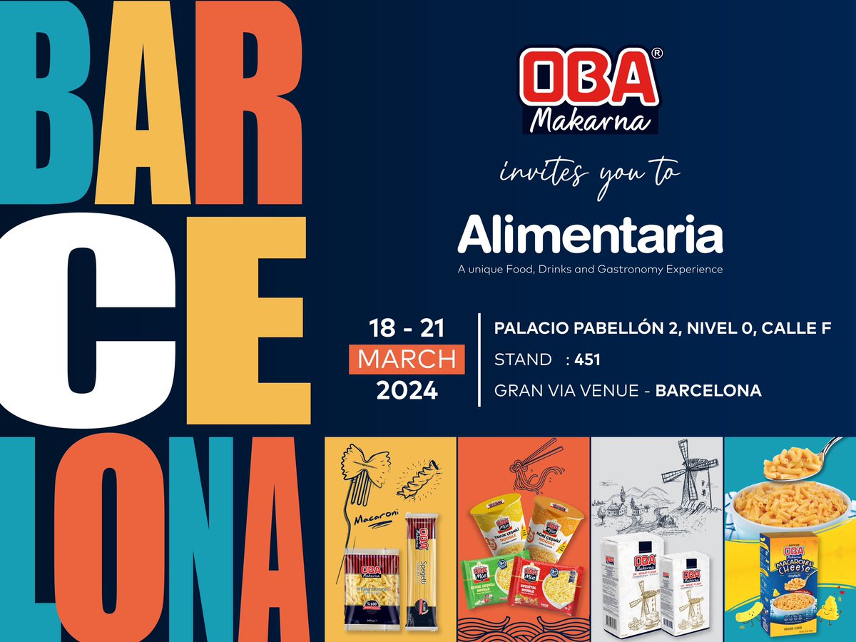 #Alimenteria #Barcelona Fuarı'nda buluşuyoruz! 18-21 Mart tarihleri arasında, yeni nesil ürünlerimizi sizlerle paylaşmak için sabırsızlanıyoruz. 🌍🍝 🗓️ PALACIO PABELLON 2 NIVEL 0 CALLE F STAND 451