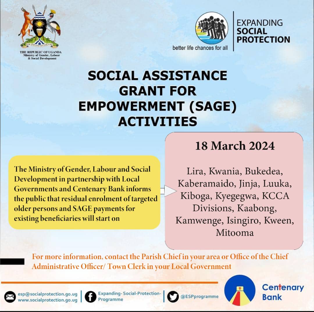 SAGE Beneficiaries in Kween District listen to their RDC shortly before receiving their direct income support this morning. See flier for list of districts paying this week. #SocialProtectionUg