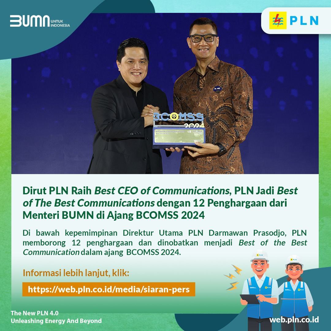 _pln_id's tweet photo. Electrizen, Direktur Utama PLN, Darmawan Prasodjo, memenangkan penghargaan Best CEO Communications di BCOMSS 2024.

Baca selengkapnya di: https://t.co/TgmkuQYByS

#PLN https://t.co/5Ha1bF3DuG