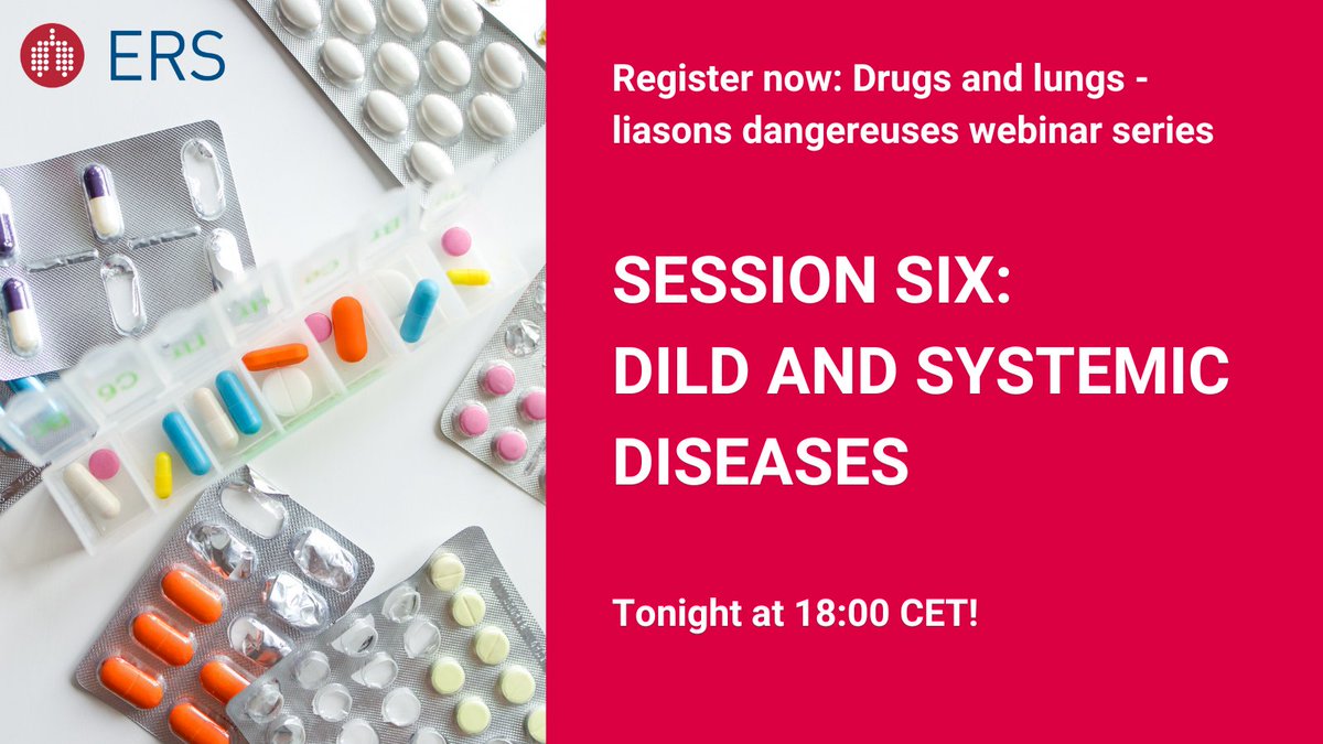 Today at 18:00 CET: Session six: DILD and systemic diseases of the Drugs and lungs – liaisons dangereuses webinar series You don’t need to have registered for the previous webinars to join this one! Register now: ersnet.org/events/drugs-a…