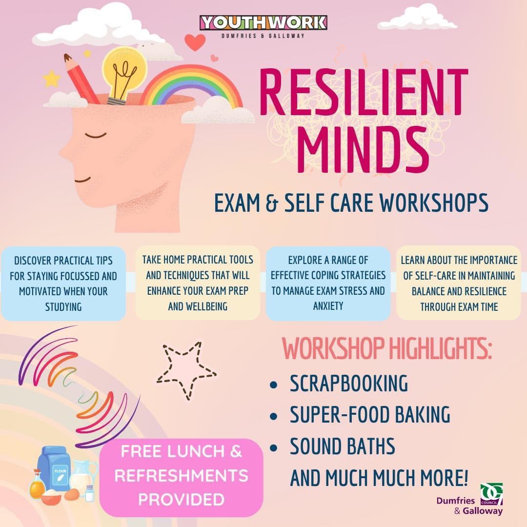 Taking care of yourself during exam time is important to help you stay healthy, focussed and motivated💪

Resilient Minds will share lots of tips &amp; techniques for exam season including: 

📚effective study planning
🦹‍♀️make your own superfood snacks
🧘relaxation techniques