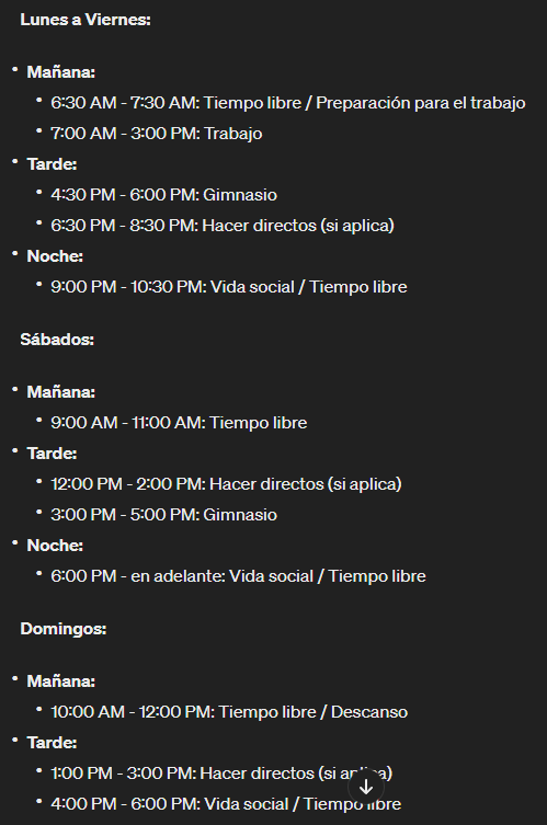 4ntoniutii's tweet photo. Le he pedido a chatgpt que me haga un horario en el que pueda compaginar el trabajo, hacer directos, tener vida social y poder ir al gym.
No se si puedo seguir este horario https://t.co/fbI6quQ9Wq