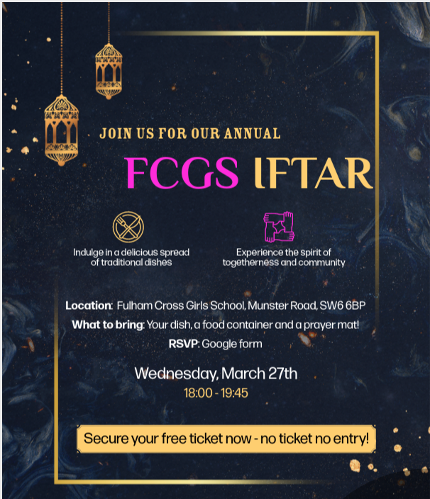 We are happy to share that after how successful it went last Ramadan, we will be holding another FCGS Iftar dinner! We have 200 tickets available open to our FCGS community regardless of faith.  FCGS Students - get your tickets whilst you can! docs.google.com/forms/d/e/1FAI…